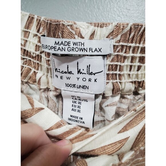 Nicole Miller Pants European Flax Linen Wide Leg Belted Brown Leaf Print Sz XL - Picture 8 of 12